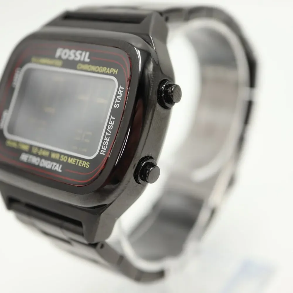 Fossil Retro Digital Black Negative Display 42mm Watch Steel FS5845 New Battery